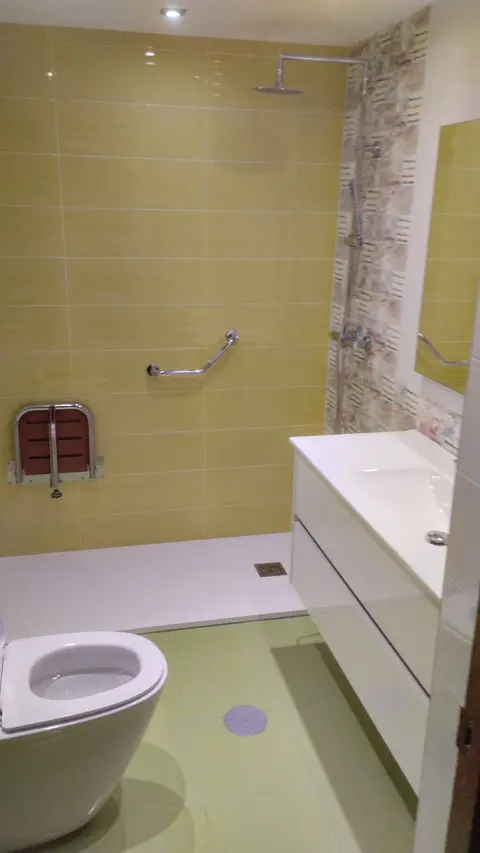 Baño con ducha adaptada: asiento abatible, barra de apoyo y plato a ras de suelo