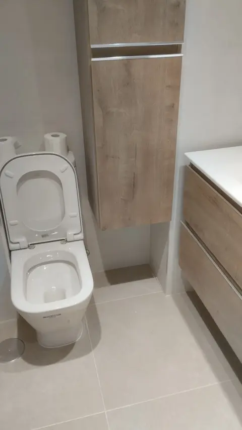 Inodoro compacto y mueble de lavabo suspendido de roble con columna alta